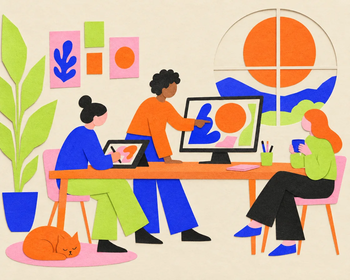 Cut-paper illustration of three people working in a sunny studio: one drawing on a tablet, one pointing at a monitor full of bold shapes, one holding a mug, with a sleeping orange cat and a big round window.