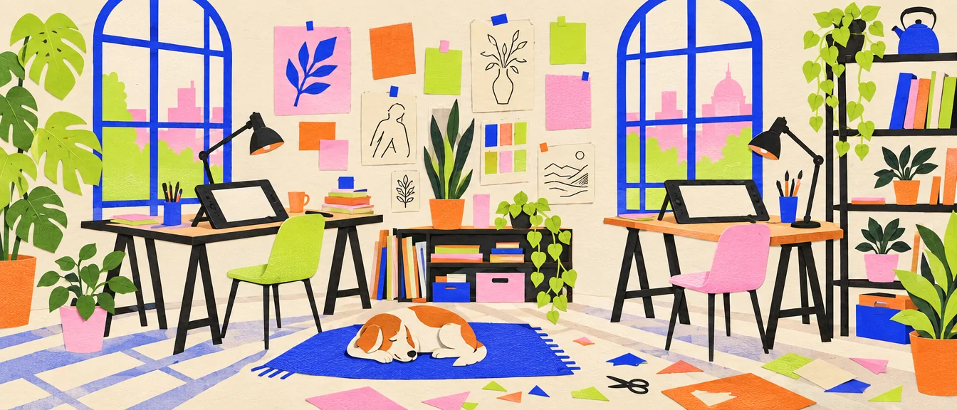 Wide cut-paper illustration of a sunlit studio with arched windows, desks with drawing tablets, pinned paper swatches, tall plants and a sleeping dog on a rug.