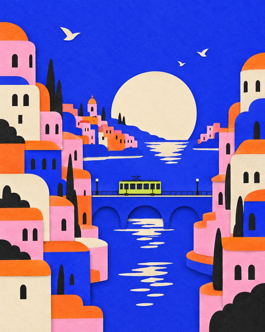 Screen-print style poster of stacked rounded buildings at dusk with a small streetcar on a bridge and a huge cream sun.