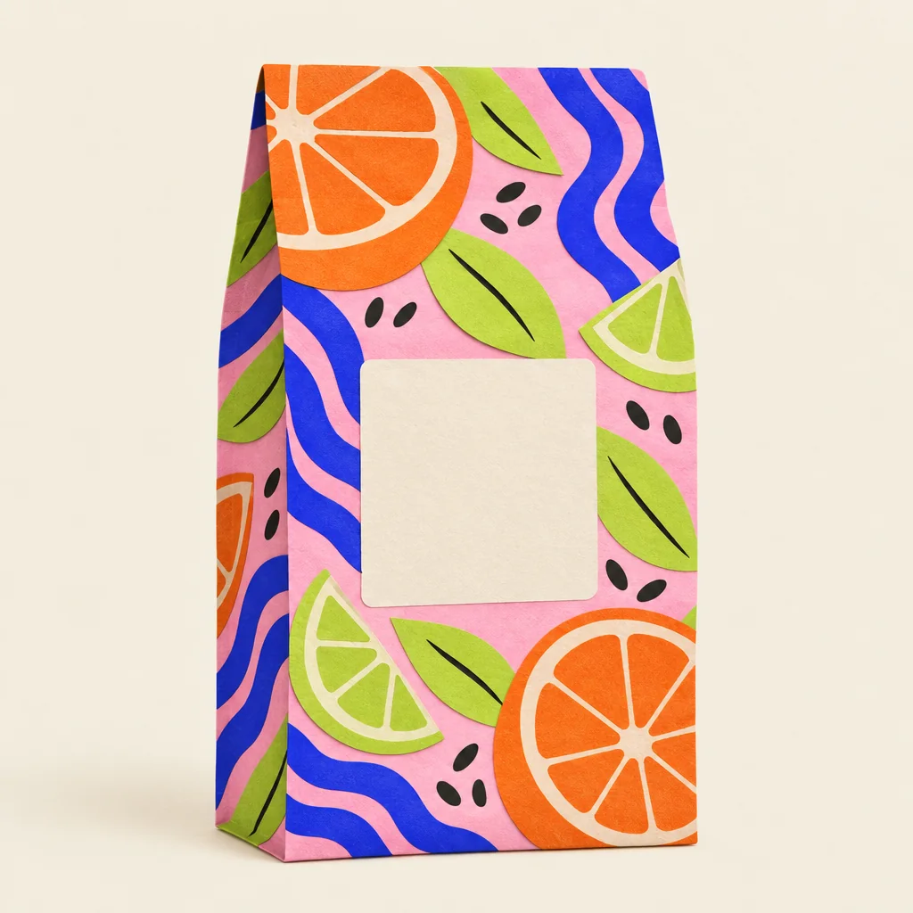Matte coffee bag wrapped in a bold cut-paper pattern of halved oranges, leaves and wavy stripes.