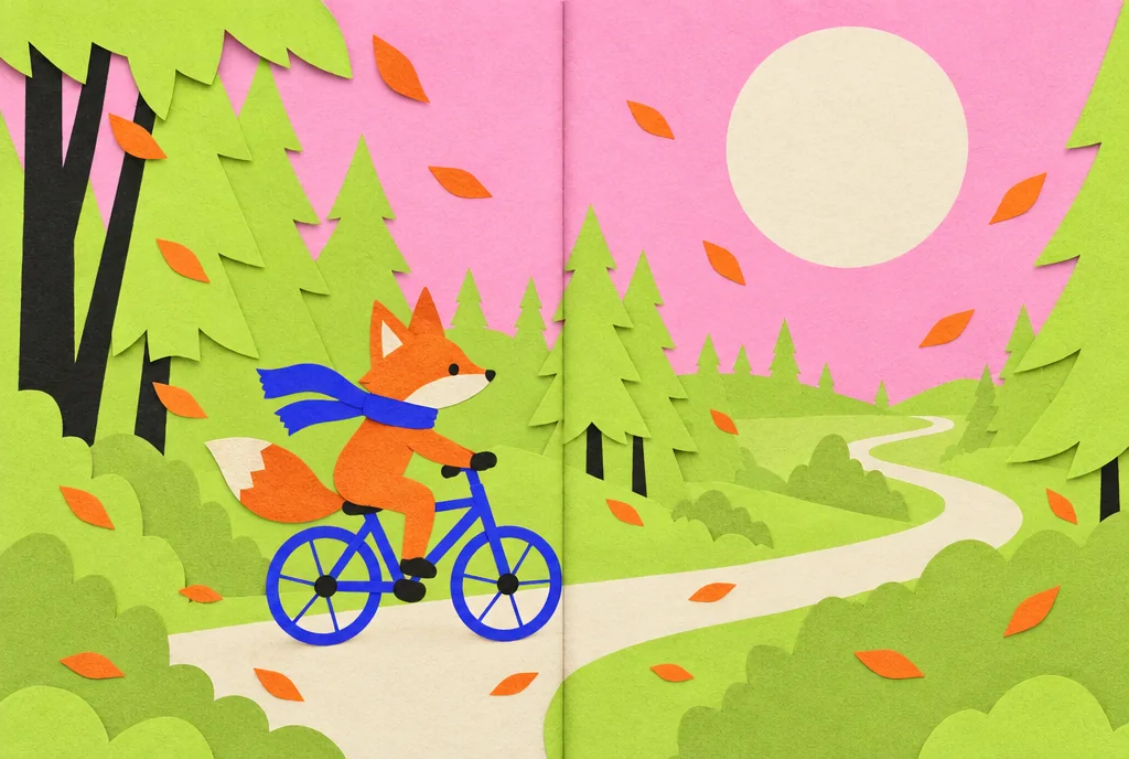 Cut-paper fox in a blue scarf riding a bicycle through a lime-green forest under a pink sky and a big moon.
