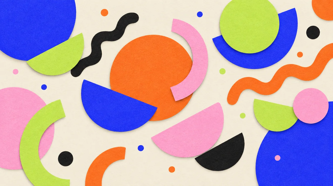 Bold overlapping cut-paper circles, arcs and squiggles tumbling diagonally across a cream frame.