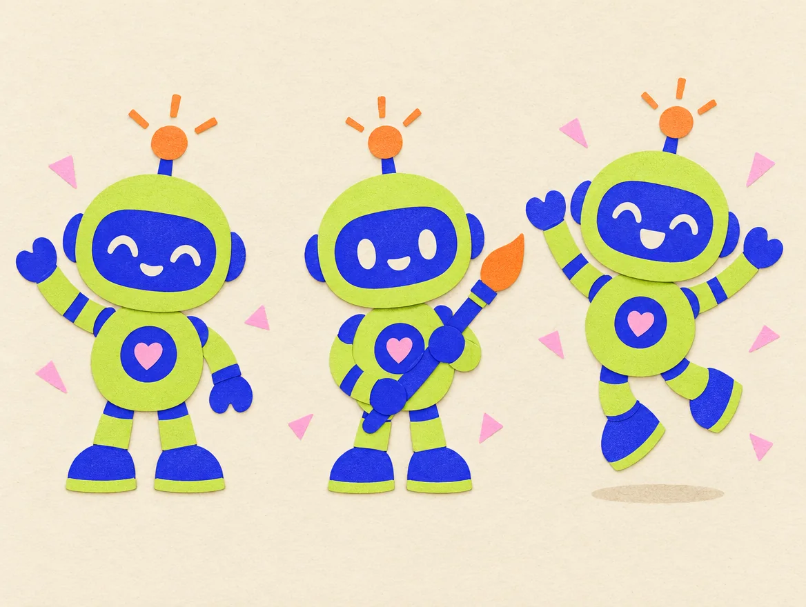 Character sheet of a round lime-green paper robot in three poses: waving, holding a paintbrush and jumping.