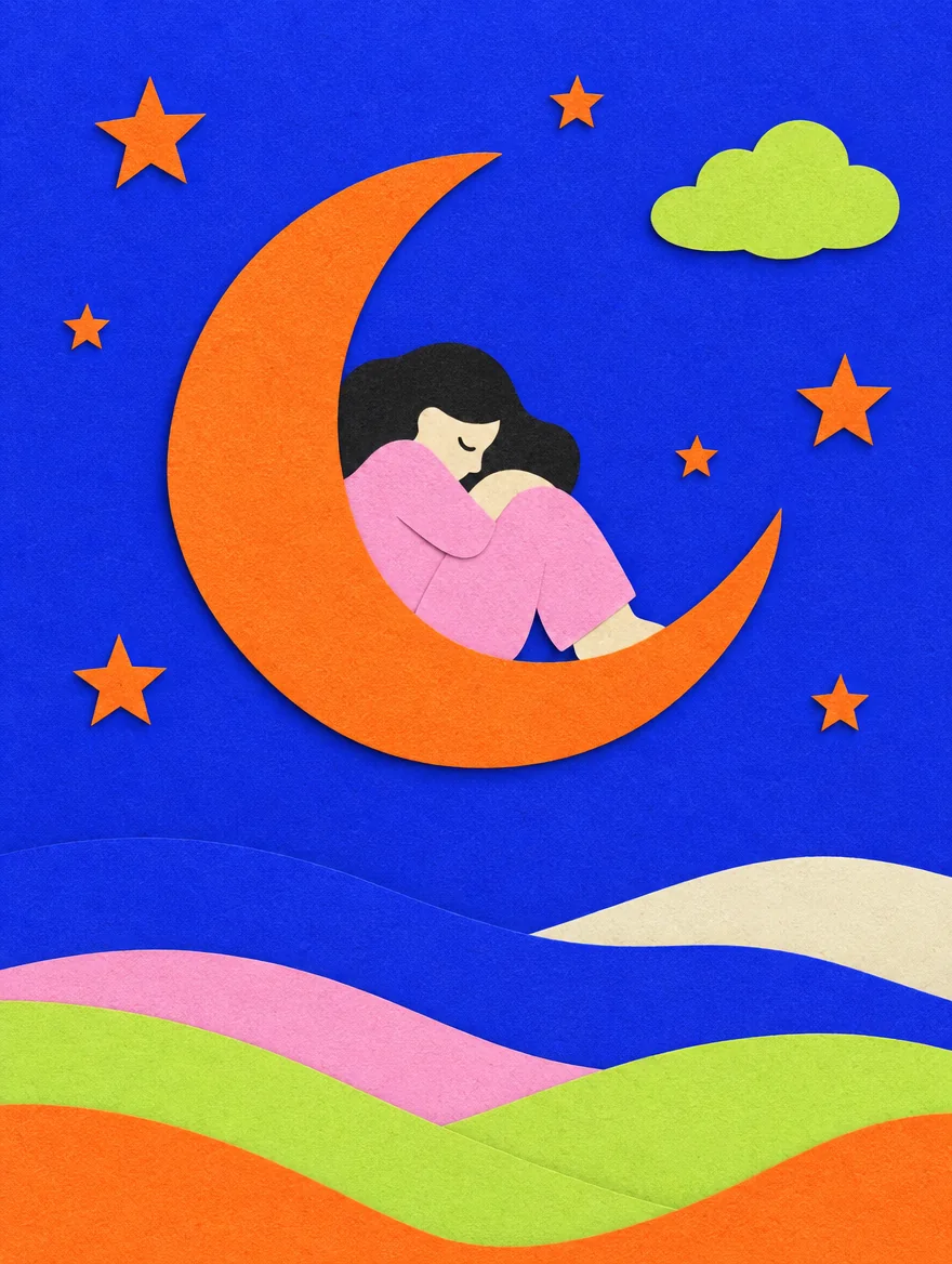 Cut-paper figure asleep inside a crescent moon above layered night hills, with orange paper stars.
